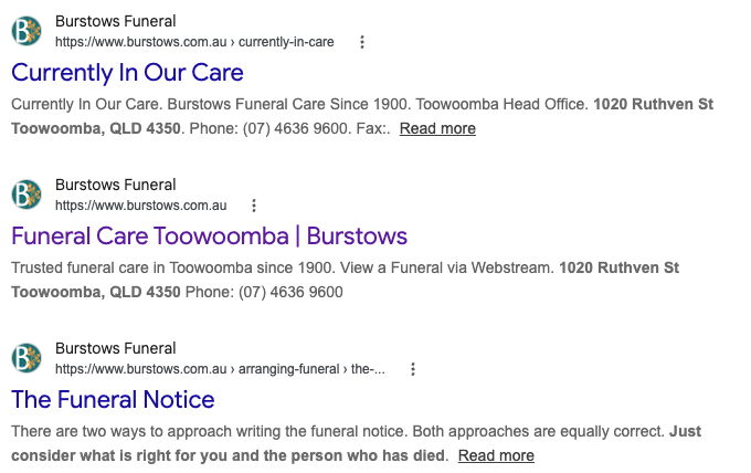 Google results for burstows funeral notices on 03/09/2026. Currently In Our Care and the homepage both show the footer address and phone number as their description.