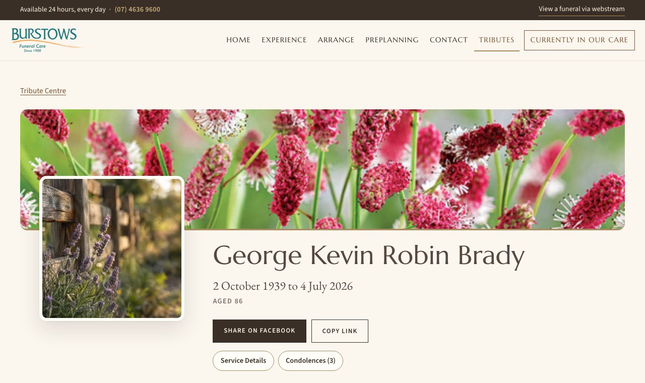 George Kevin Robin Brady's page on the new website, with a picture of lavender where a photo would be